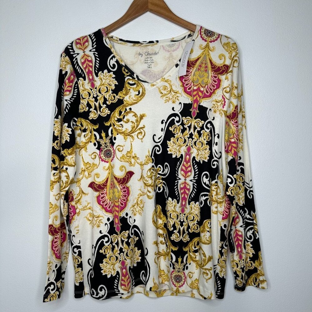Chicos Knit Top‎ Size XL 3 V Neck Floral Artsy